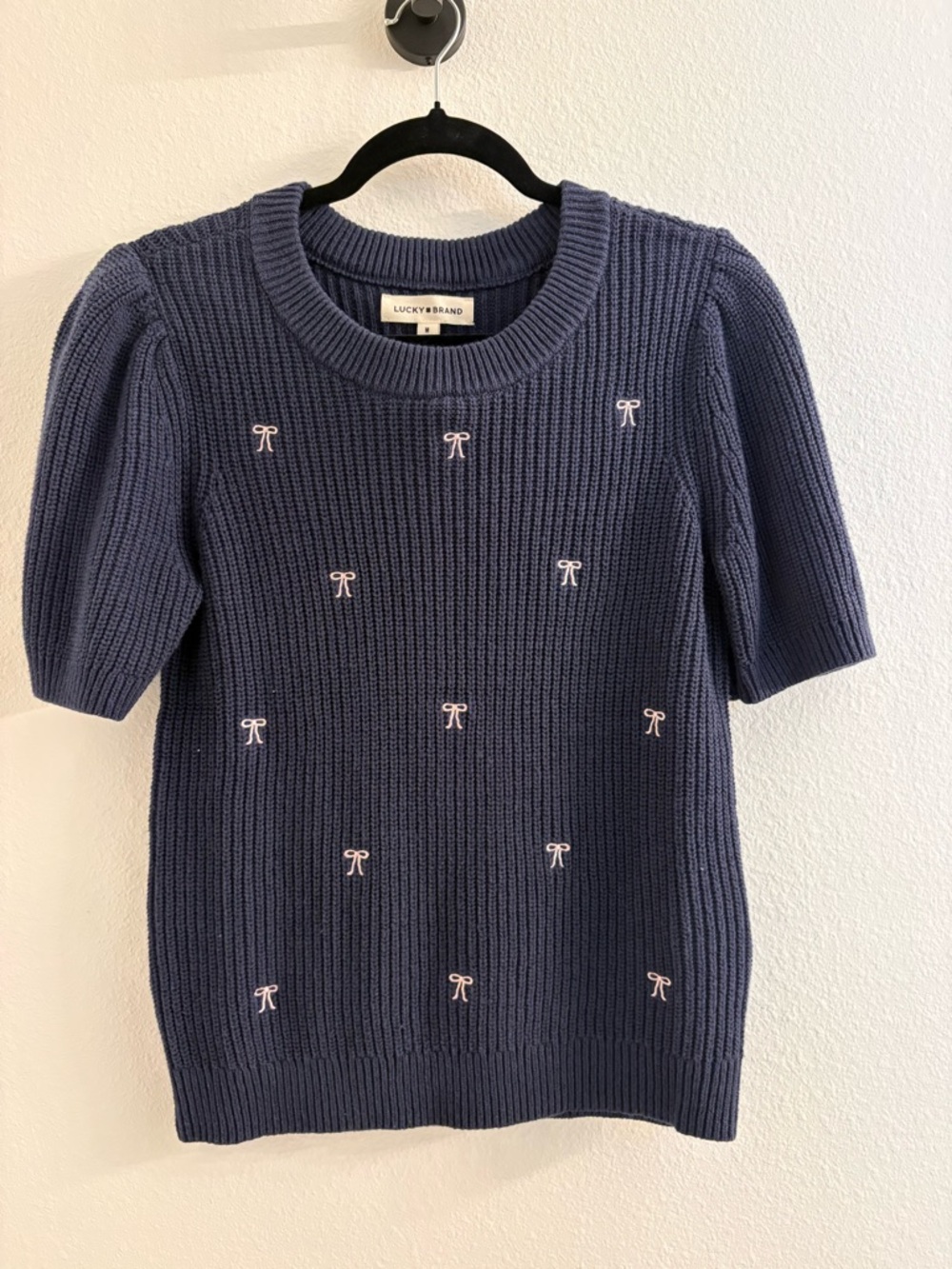 NWT Lucky Brand Navy Knit Short-Sleeve Sweater with Pink Embroidered Bows